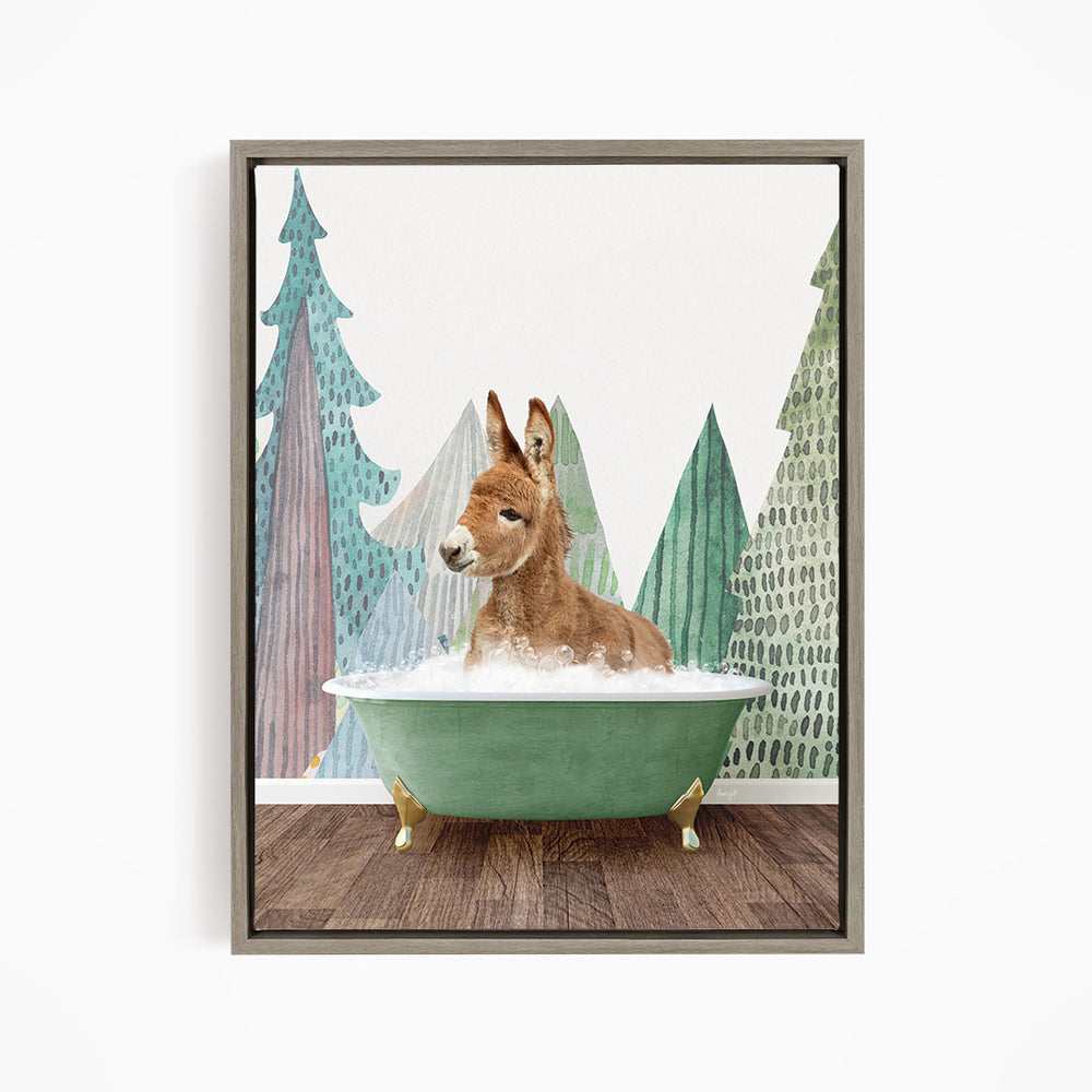 A donkey is sitting in a green bathtub filled with water, surrounded by a forest-themed background.