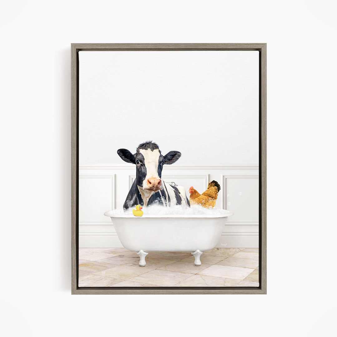 A black and white cow is sitting in a white bathtub, surrounded by a chicken and a duck, creating a whimsical and humorous scene.