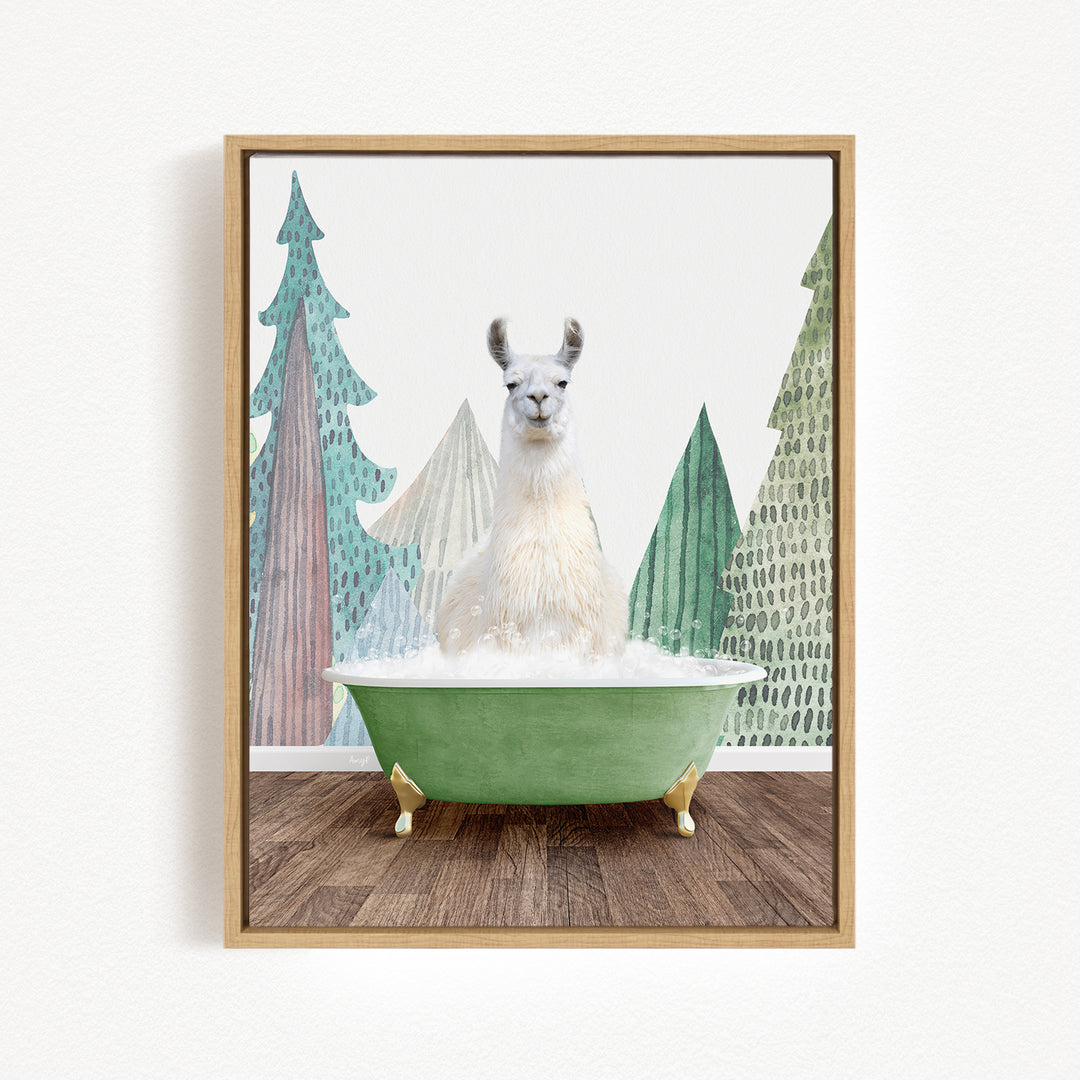 A white llama sitting in a green bathtub, surrounded by a forest-themed background.