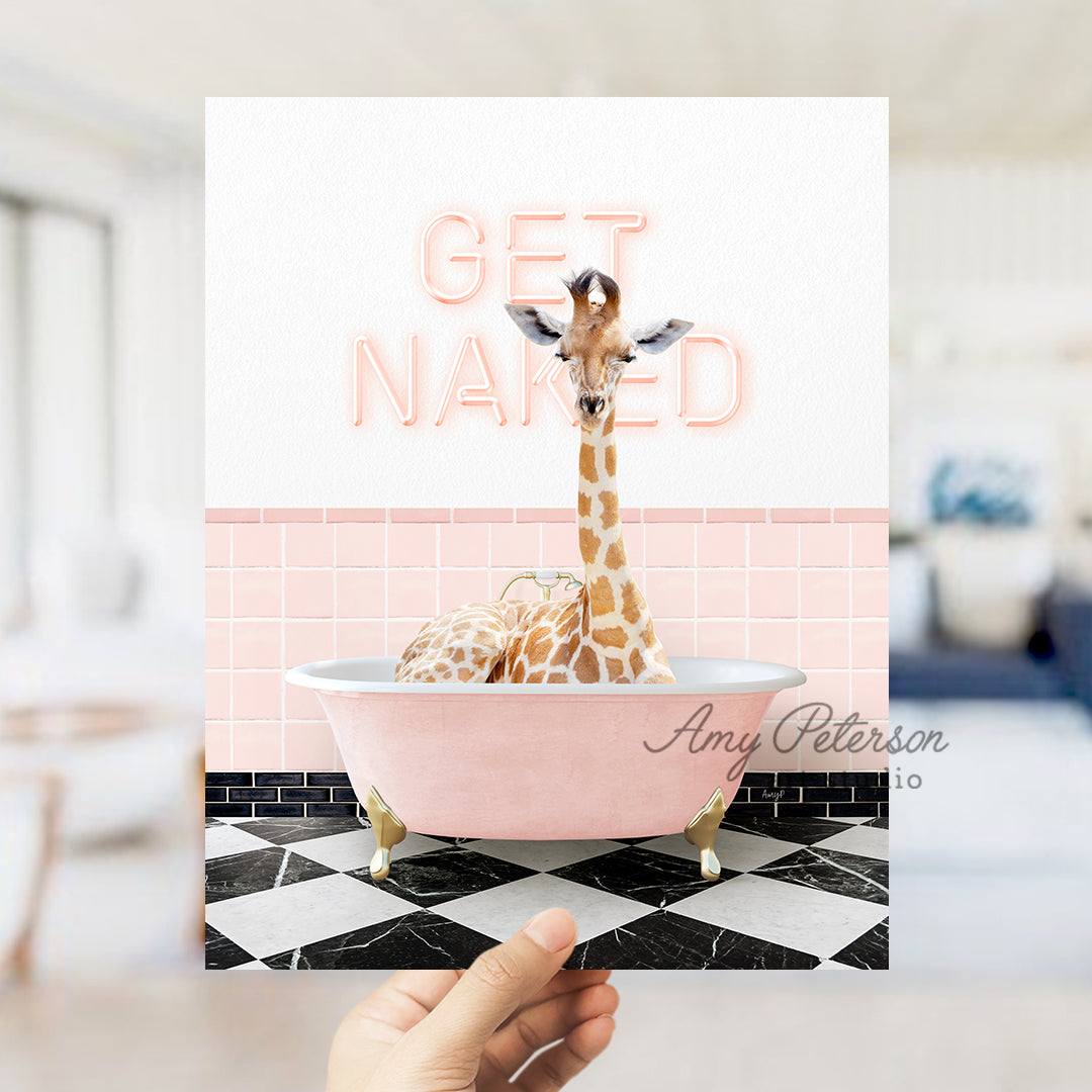 a giraffe standing in a bathtub with the words get naked above it