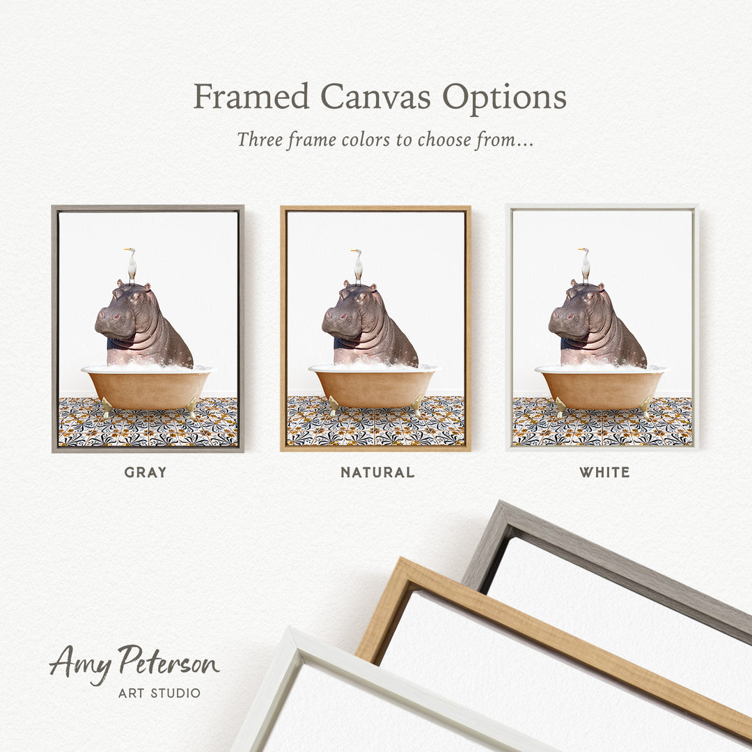 three framed canvas options, each featuring a different color: gray, natural, and white. The text above the images reads " framed Canvas Options" and "Three frame colors to choose from...". The text below the images reads " Amy Peterson ART STUDIO".