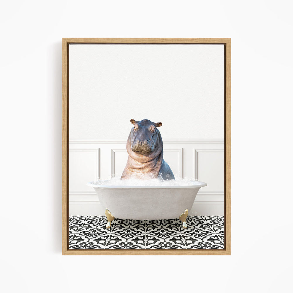 A hippopotamus sitting in a bathtub filled with water, surrounded by a black and white patterned floor.