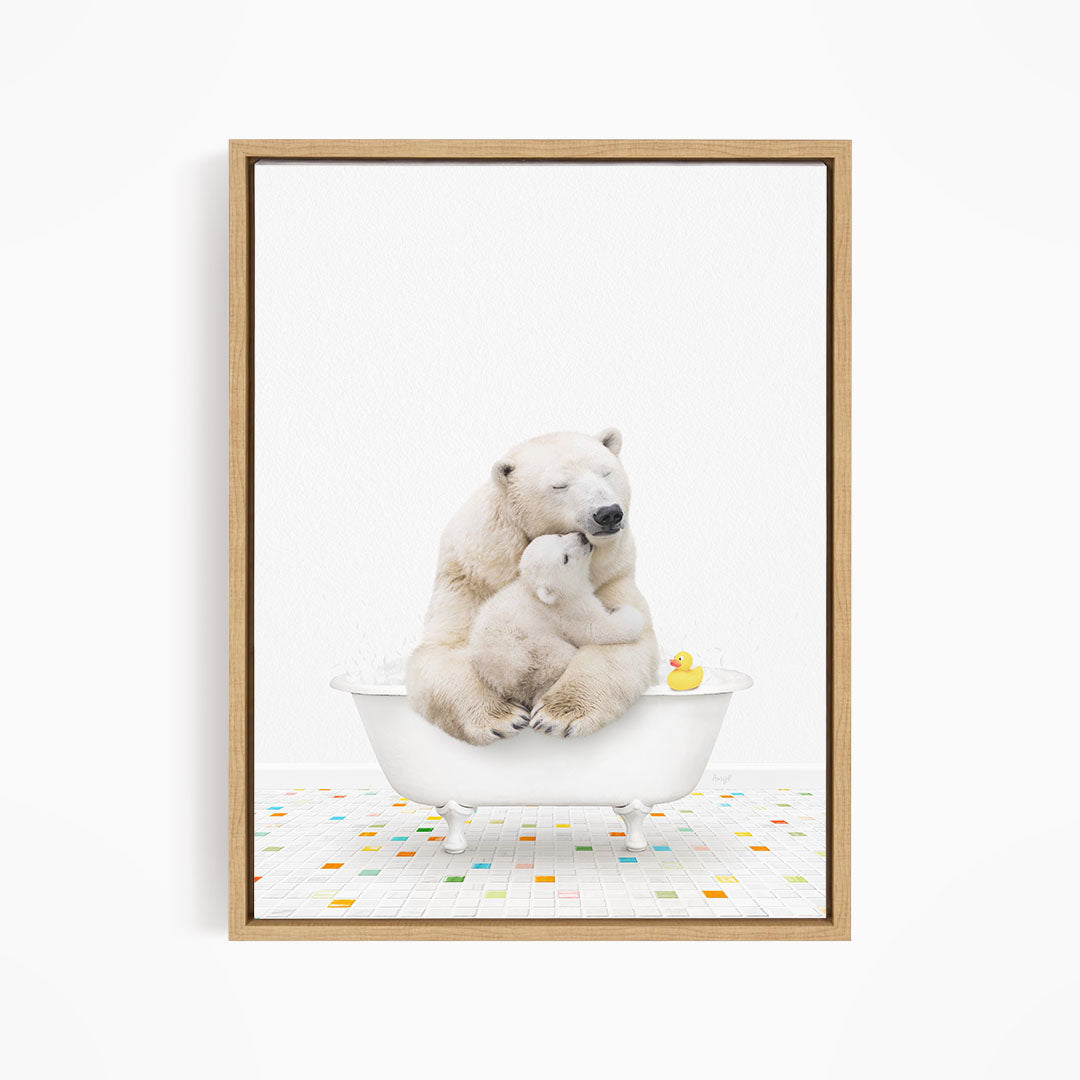 A polar bear and its cub are sitting in a white bathtub, with a rubber duck floating in the water.