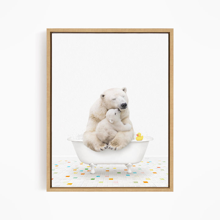 A polar bear and its cub are sitting in a white bathtub, with a rubber duck floating in the water.