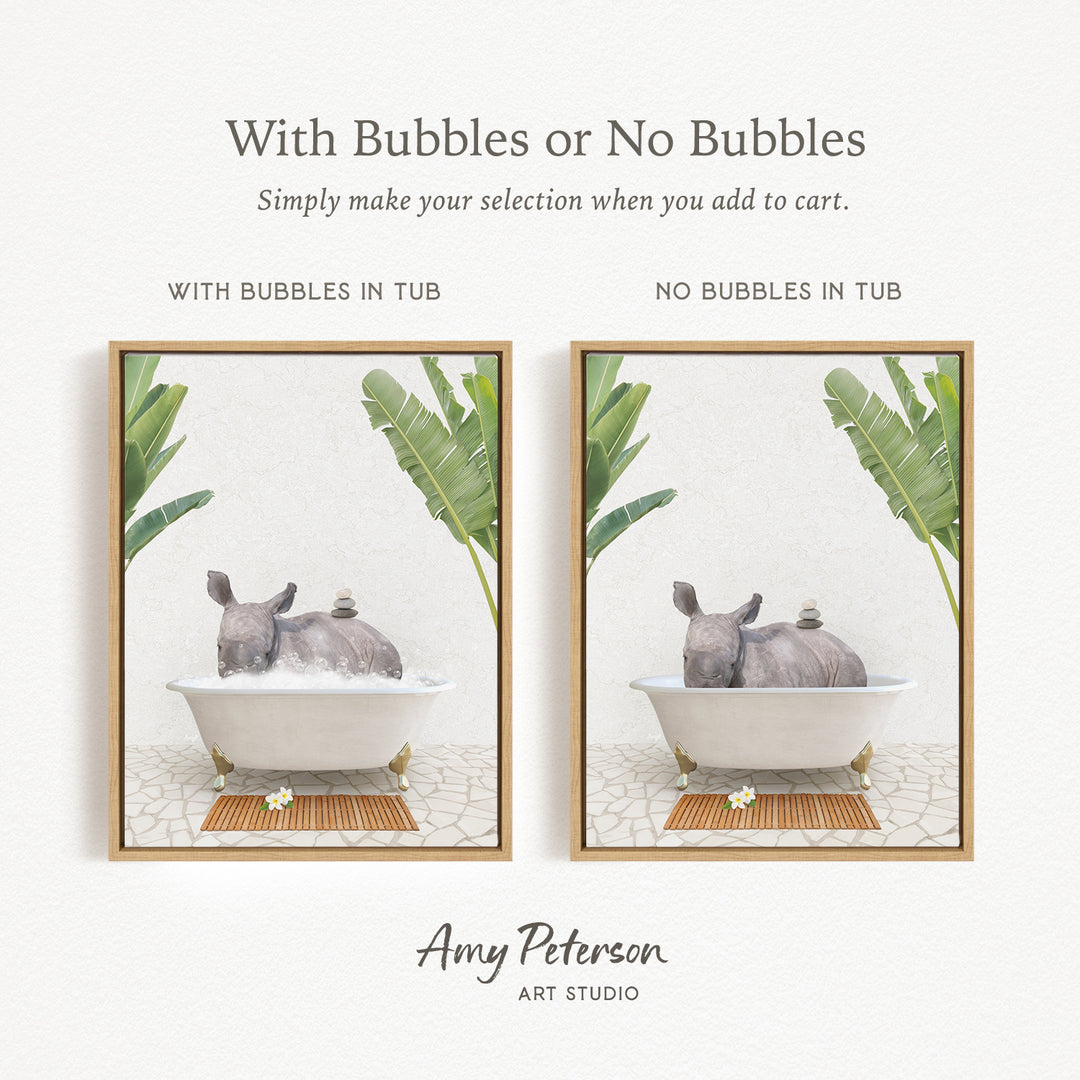 The image is a framed print featuring a rhinoceros sitting in a bathtub, with the text "With Bubbles or No Bubbles" above the images.