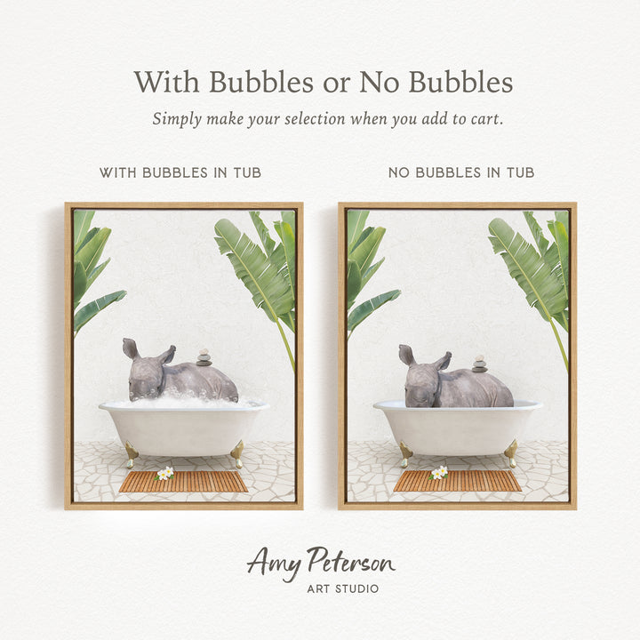 The image is a framed print featuring a rhinoceros sitting in a bathtub, with the text "With Bubbles or No Bubbles" above the images.