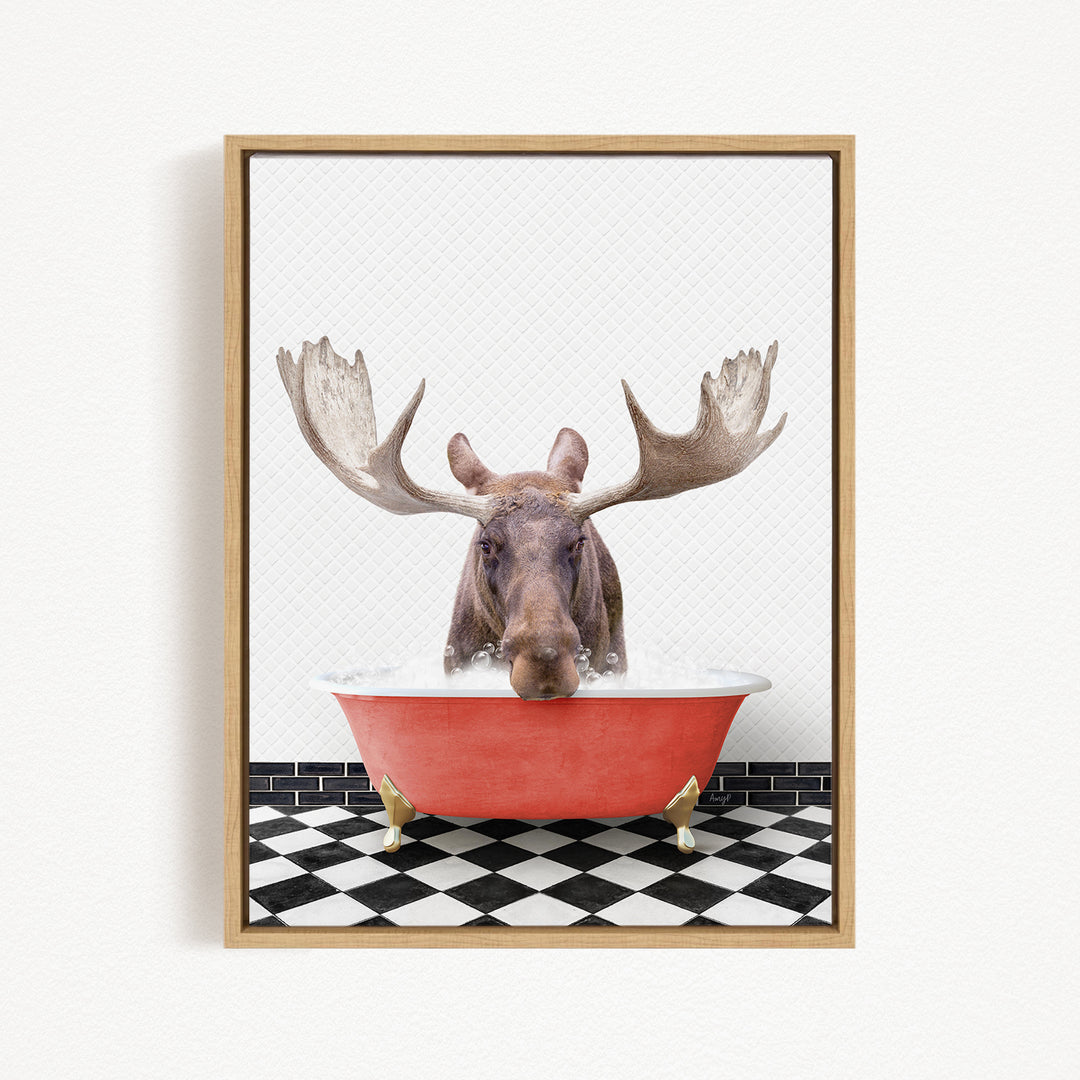 A moose with large antlers is sitting in a red bathtub, surrounded by a black and white checkered floor.