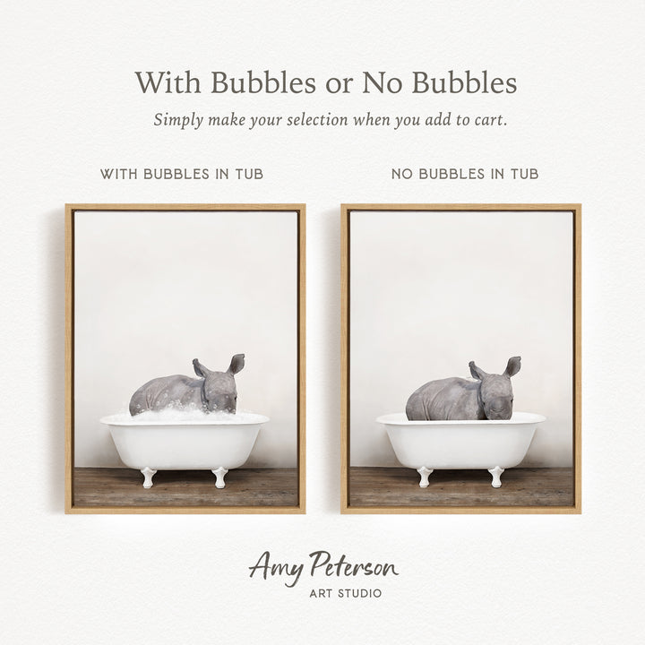 The image is a collage of two framed pictures, each depicting a rhinoceros in a bathtub. The rhinoceros in the left picture has bubbles in the tub, while the rhinoceros in the right picture does not have bubbles. The text above the images reads "With Bubbles or No Bubbles Simply make your selection when you add to cart."