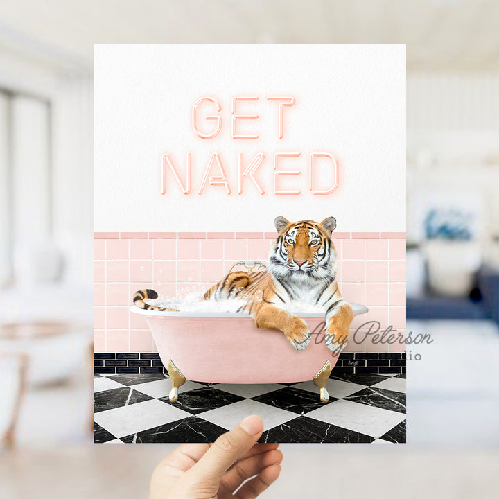 a person holding up a card with a picture of a tiger in a bathtub