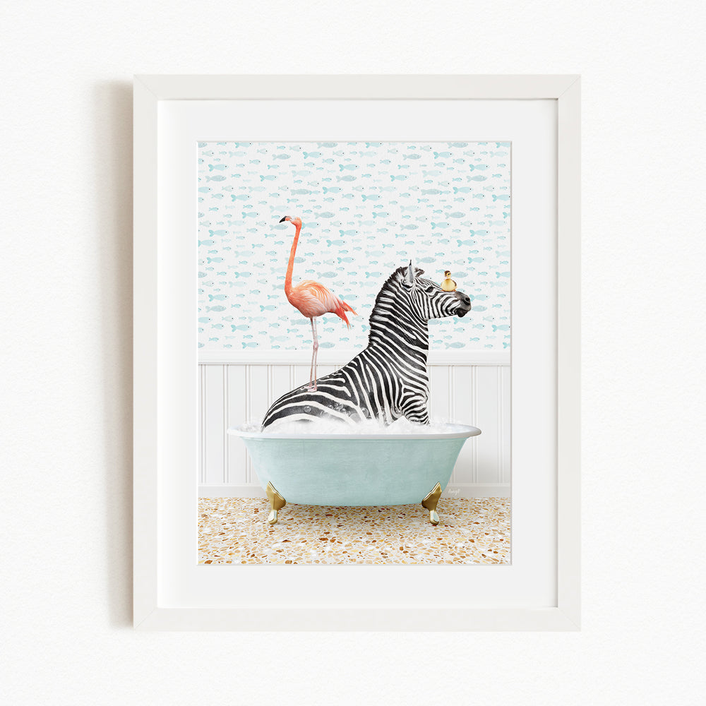 A zebra is sitting in a bathtub, with a flamingo standing on its back legs and a bird perched on its head.