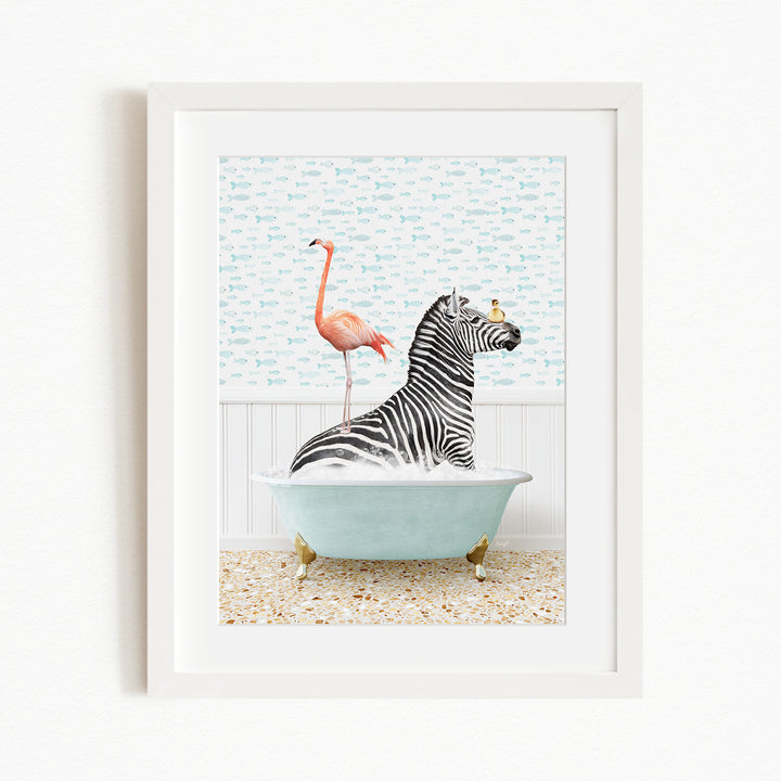 A zebra is sitting in a bathtub, with a flamingo standing on its back legs and a bird perched on its head.