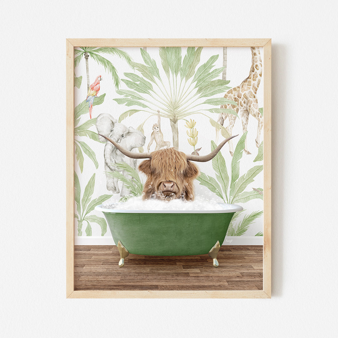 a picture of a cow in a bathtub with a jungle wallpaper behind it