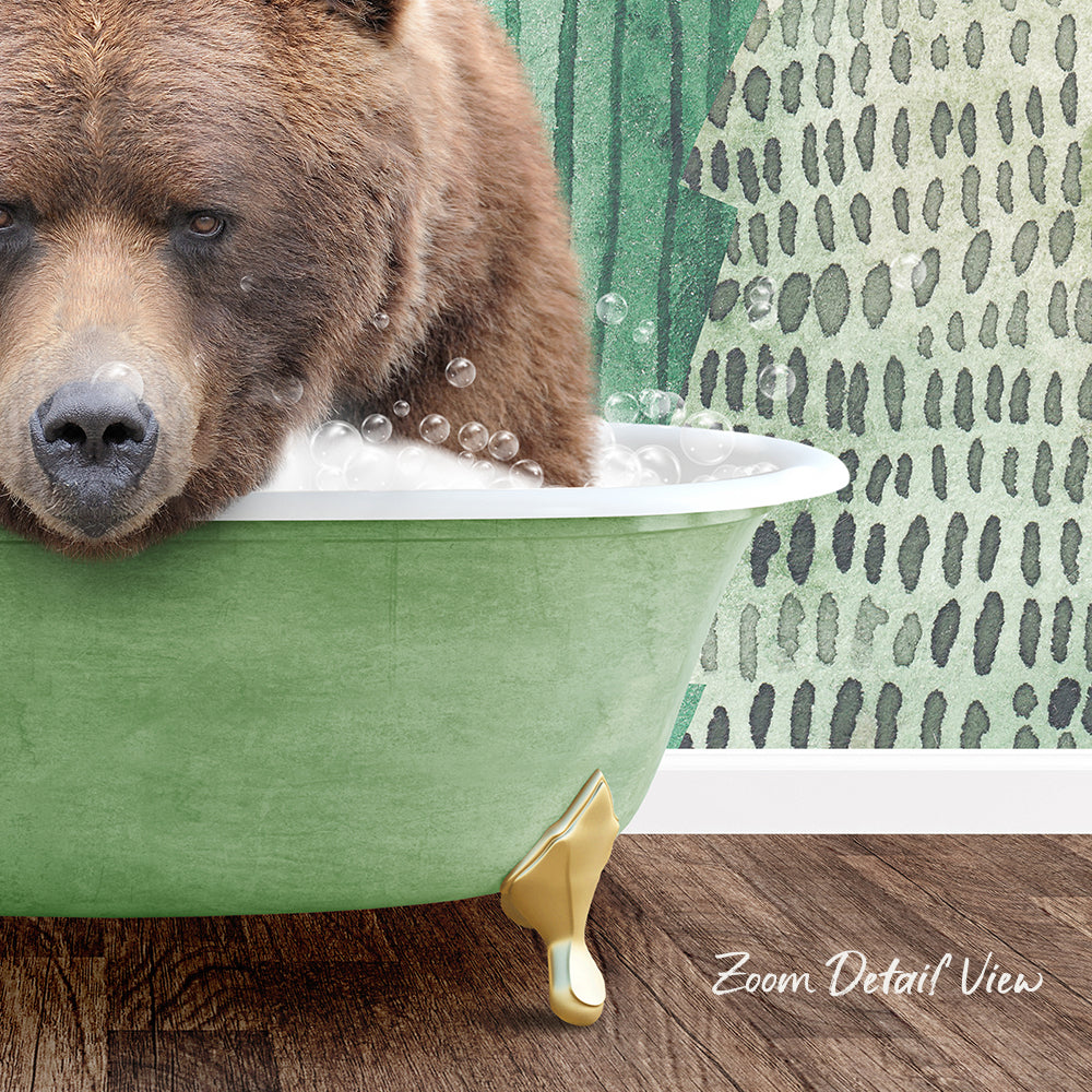 A brown bear is sitting in a green bathtub filled with bubbles, with a patterned wall in the background.