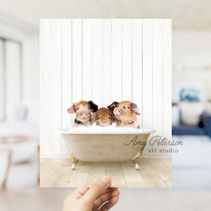 a hand holding a photo of three little pigs in a bathtub