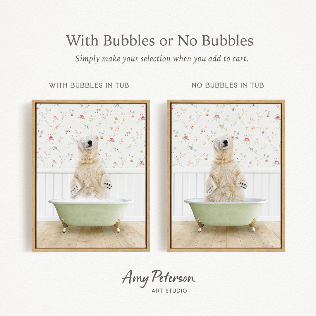 The image is a collage of two pictures featuring a polar bear sitting in a bathtub. The polar bear is sitting in a tub with bubbles, and the other image shows a polar bear sitting in a tub without bubbles.