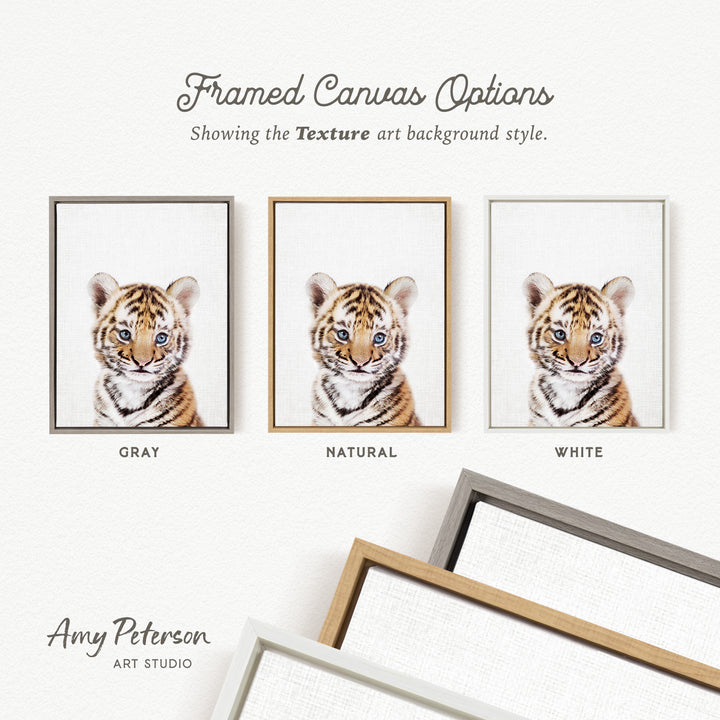 three framed canvas options, each with a different background color: gray, natural, and white. The text above the images reads " Framed Canvas Options" and "Showing the Texture art background style." The text below the images reads " Amy Peterson ART STUDIO".