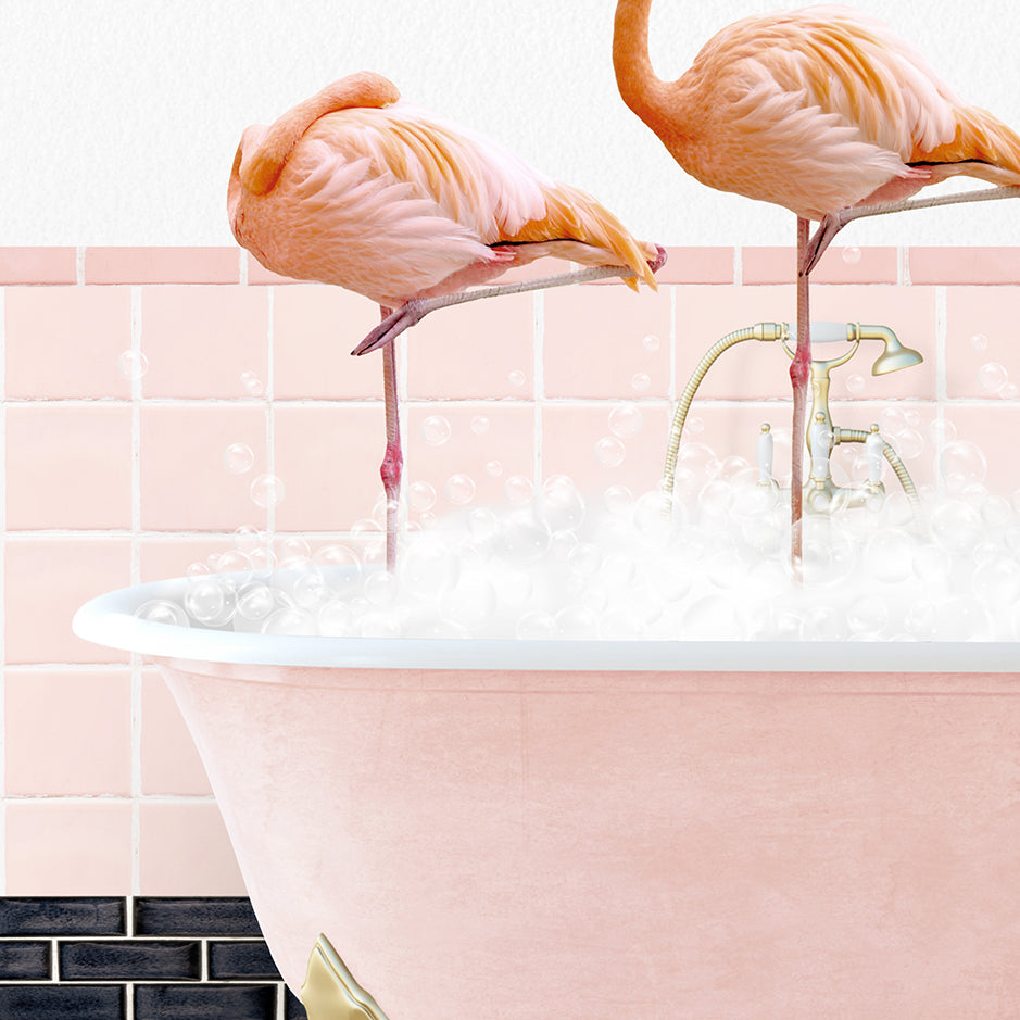 two flamingos standing in a bathtub full of bubbles