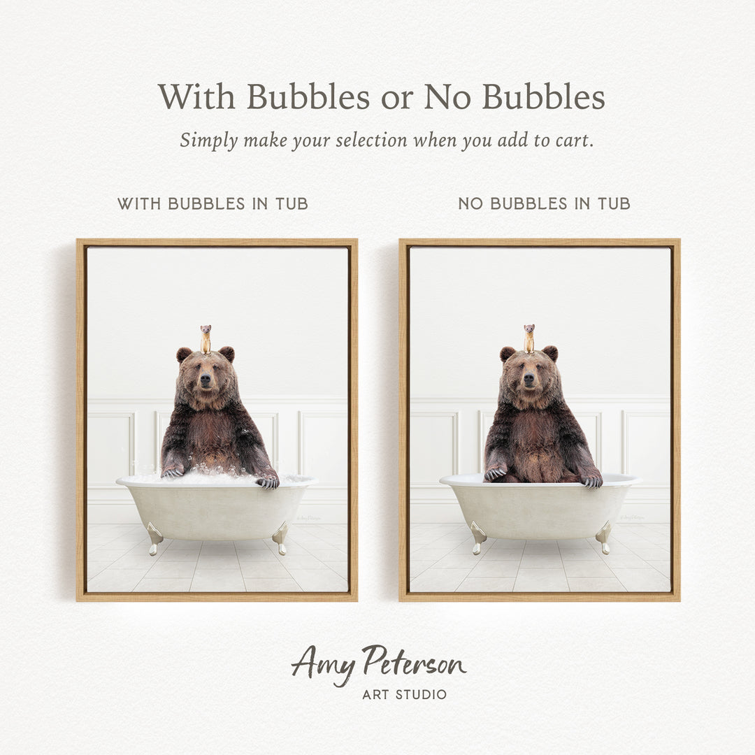 a bear sitting in a bathtub, with bubbles on its back.