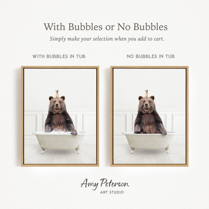 a bear sitting in a bathtub, with bubbles on its back.