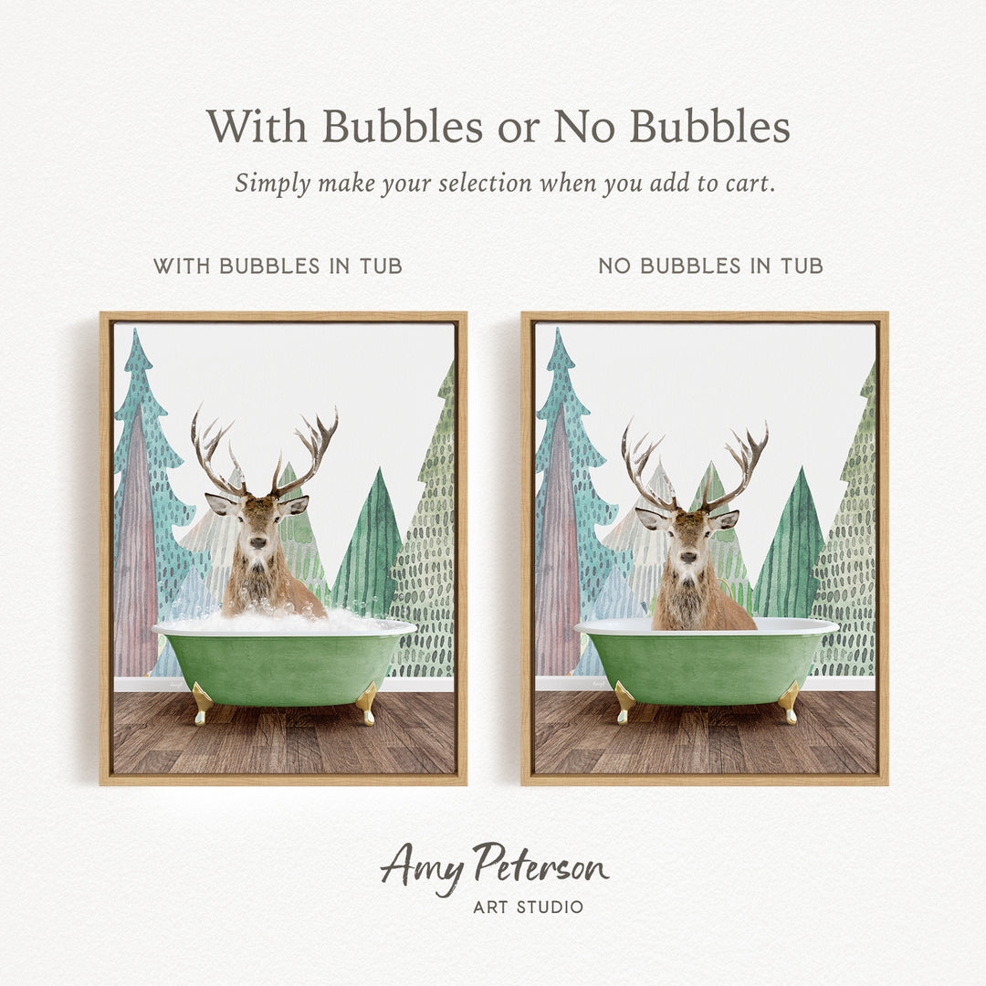 The image is a collage of two pictures featuring a deer in a bathtub. The deer has antlers and is sitting in a green bathtub, with a forest scene in the background. The collage includes a text overlay that provides instructions for selecting the tub with bubbles or without bubbles, and the artist's name, Amy Peterson, is credited at the bottom.