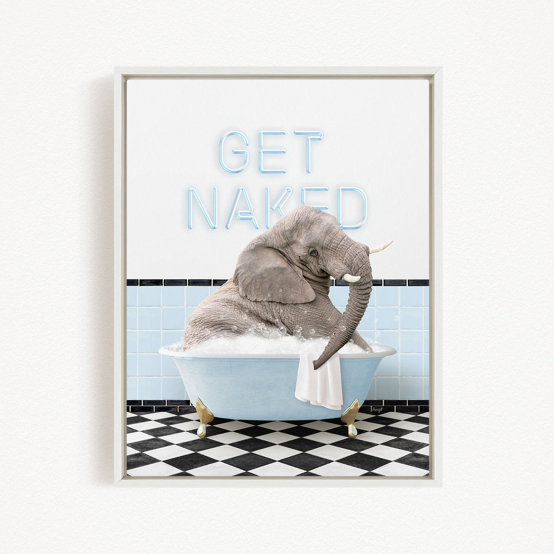 A gray elephant sitting in a blue bathtub, with the words "GET NAKED" written on the wall behind it.