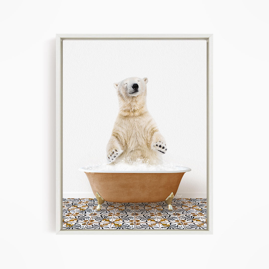 A polar bear standing in a bathtub filled with water, with its paws raised in the air.