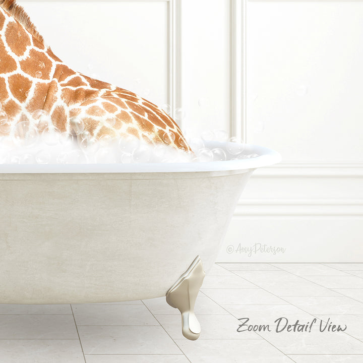 A giraffe is sitting in a bathtub filled with water, creating a whimsical and playful scene.