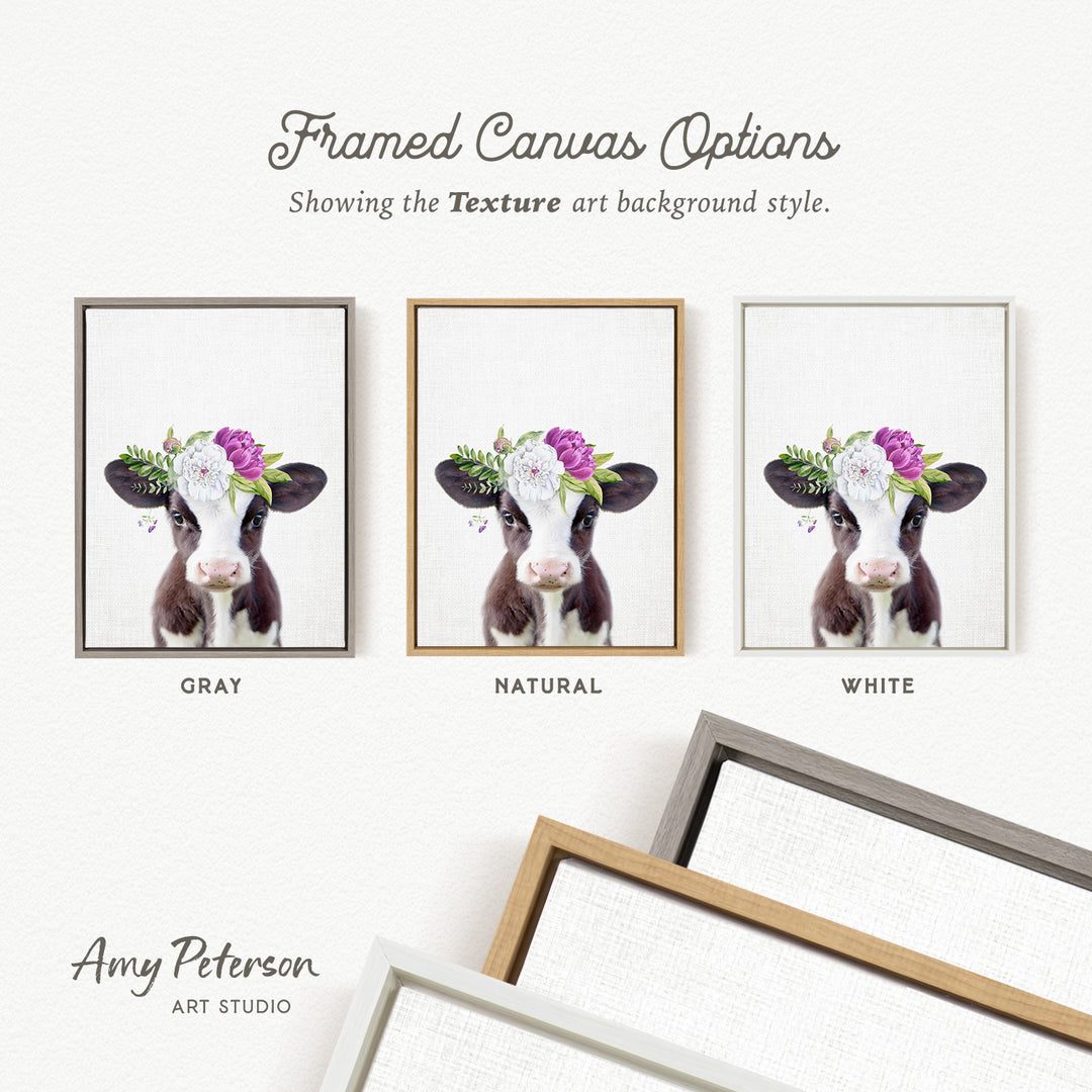 three framed canvas options, each featuring a cow with a floral headpiece. The options are labeled as "Grays", "Natural", and "White", indicating the color of the frame. The text " Framed Canvas Options" is displayed above the options, and "Showing the Texture art background style" is written below them. The artist's name, " Amy Peterson", is also present in the image.