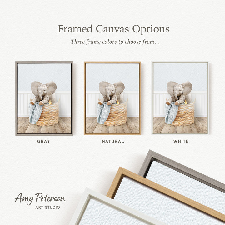The image is a framed canvas option showcasing three different frame colors: gray, natural, and white. The canvas features a baby elephant sitting in a basket, and the frame color options are displayed below the canvas.