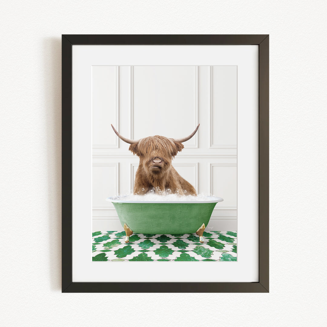 A Highland cow with long horns is sitting in a green bathtub filled with water, creating a whimsical and amusing scene.