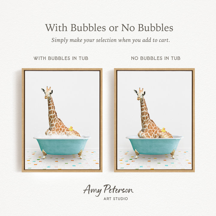The image is a collage of two framed pictures, each depicting a giraffe sitting in a bathtub. The text above the images reads "With Bubbles or No Bubbles" and below the images, it says "Simply make your selection when you add to cart."