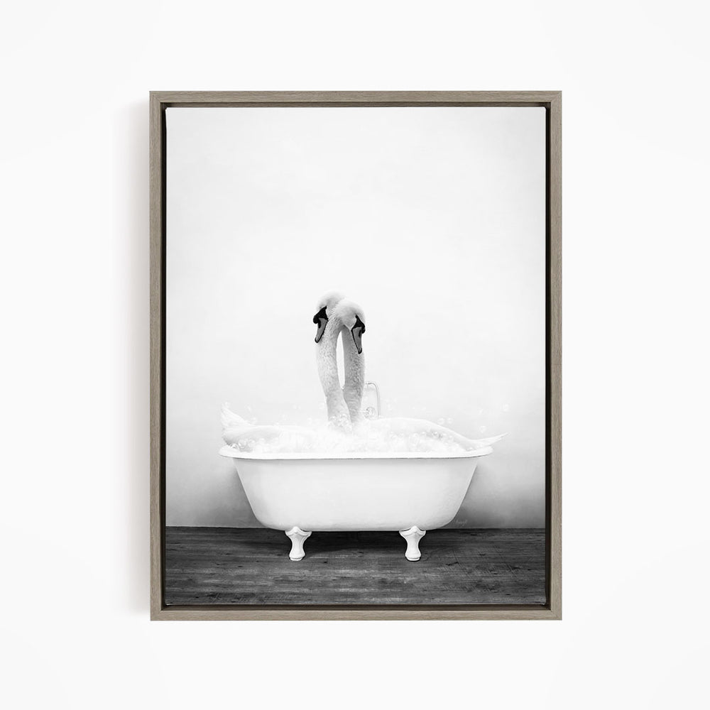 A black and white photograph of a person standing in a bathtub filled with water, with their feet submerged in the tub.