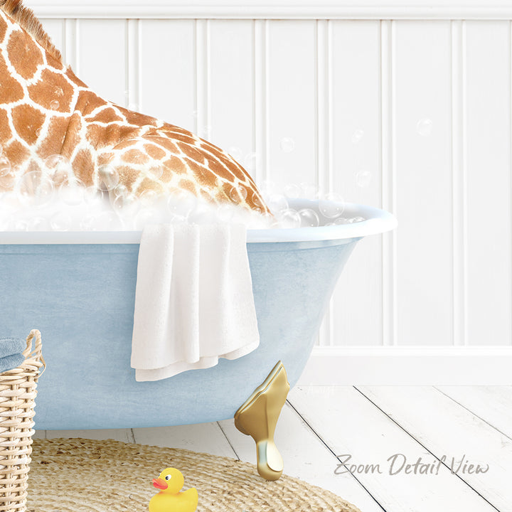 A giraffe is sitting in a blue bathtub filled with water, surrounded by a yellow rubber duck and a white towel.