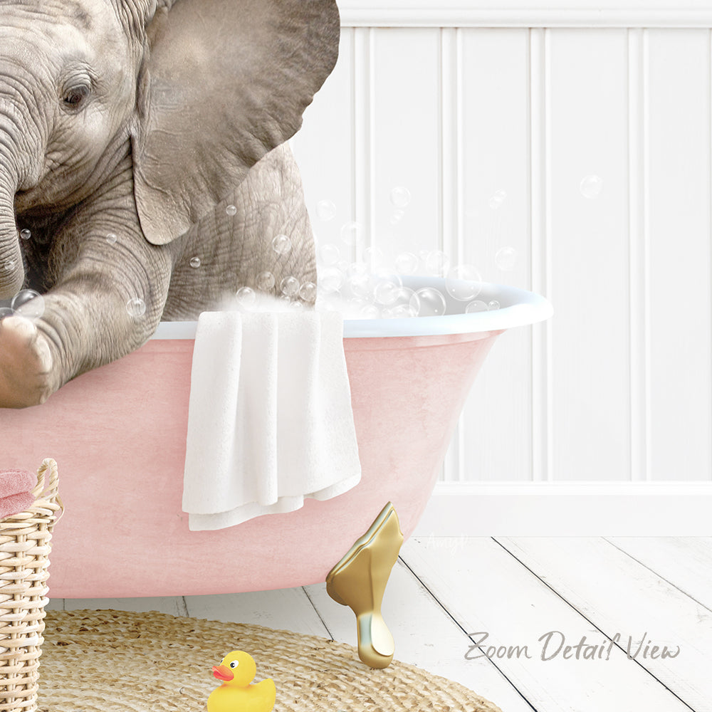 A baby elephant sitting in a pink bathtub, surrounded by bubbles and a towel, with a yellow rubber duck nearby.
