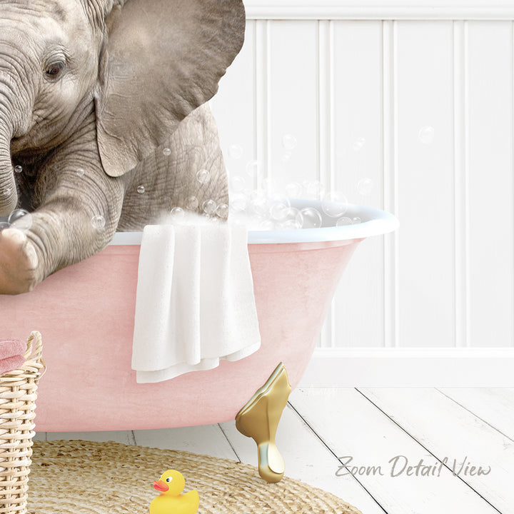 A baby elephant sitting in a pink bathtub, surrounded by bubbles and a towel, with a yellow rubber duck nearby.