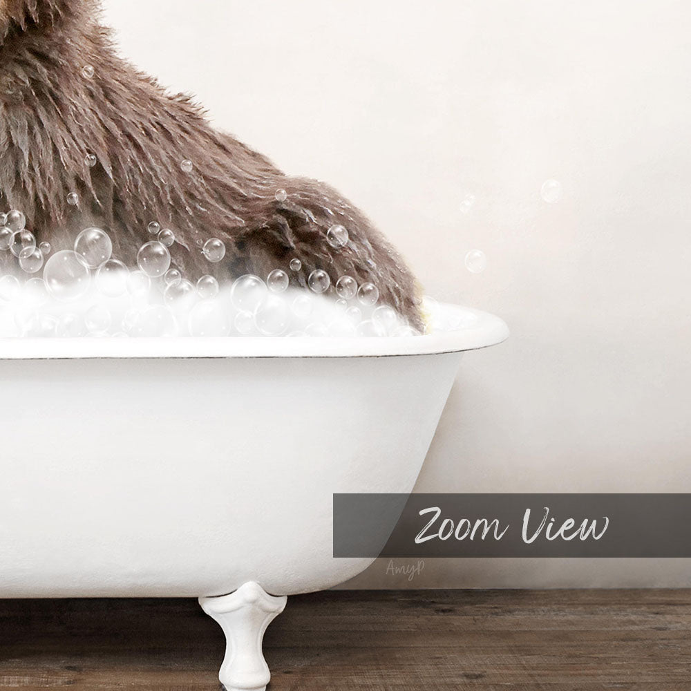 A fluffy brown dog is sitting in a white bathtub filled with bubbles, enjoying a bath.