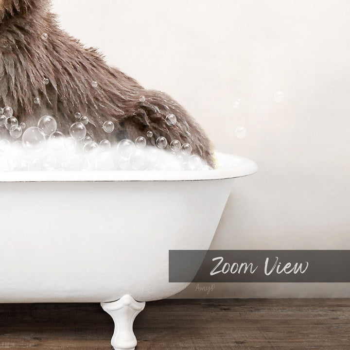 A fluffy brown dog is sitting in a white bathtub filled with bubbles, enjoying a bath.