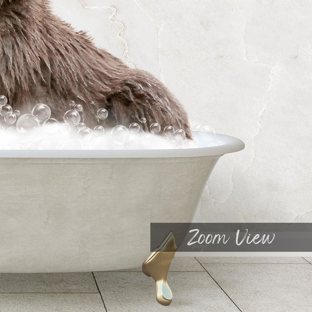A close-up of a dog's paw submerged in a bathtub filled with bubbles, with a text overlay that reads "Zoom View".