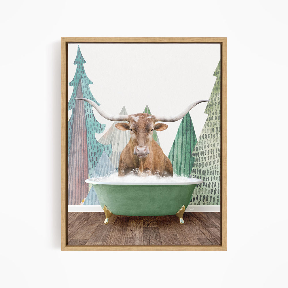 A brown cow with large horns is sitting in a green bathtub, surrounded by a forest scene with trees and a pine tree.