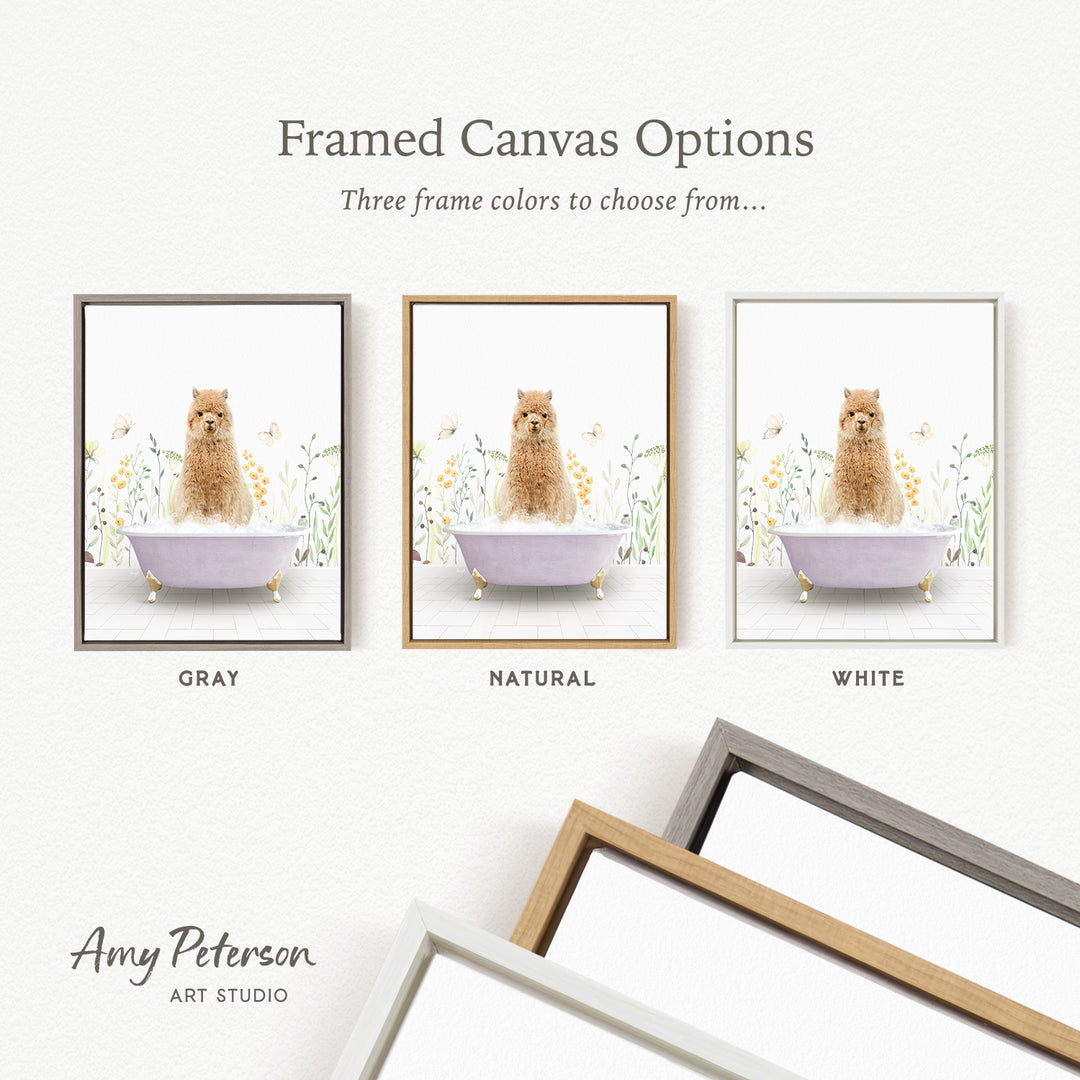 three framed canvas options for a picture of a dog sitting in a bathtub, with three different frame colors to choose from: gray, natural, and white.