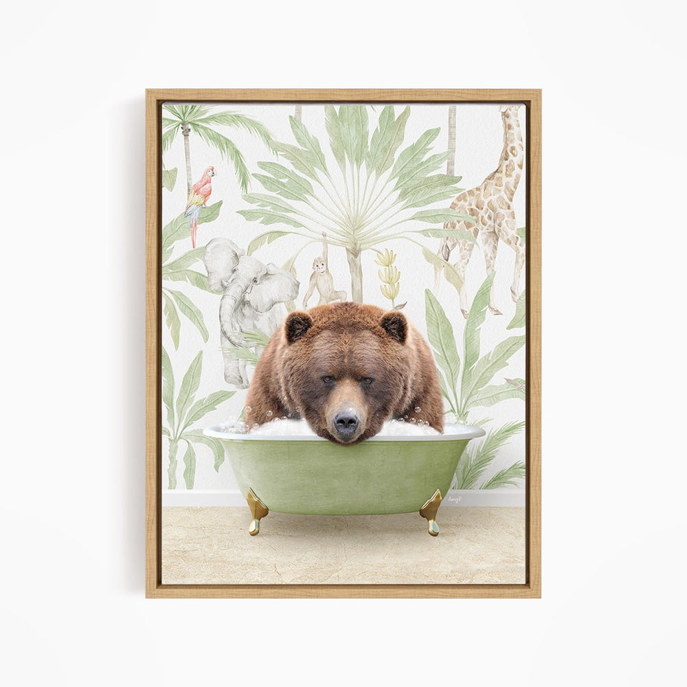 A brown bear is sitting in a green bathtub, surrounded by tropical foliage and animals, including a giraffe and a parrot.
