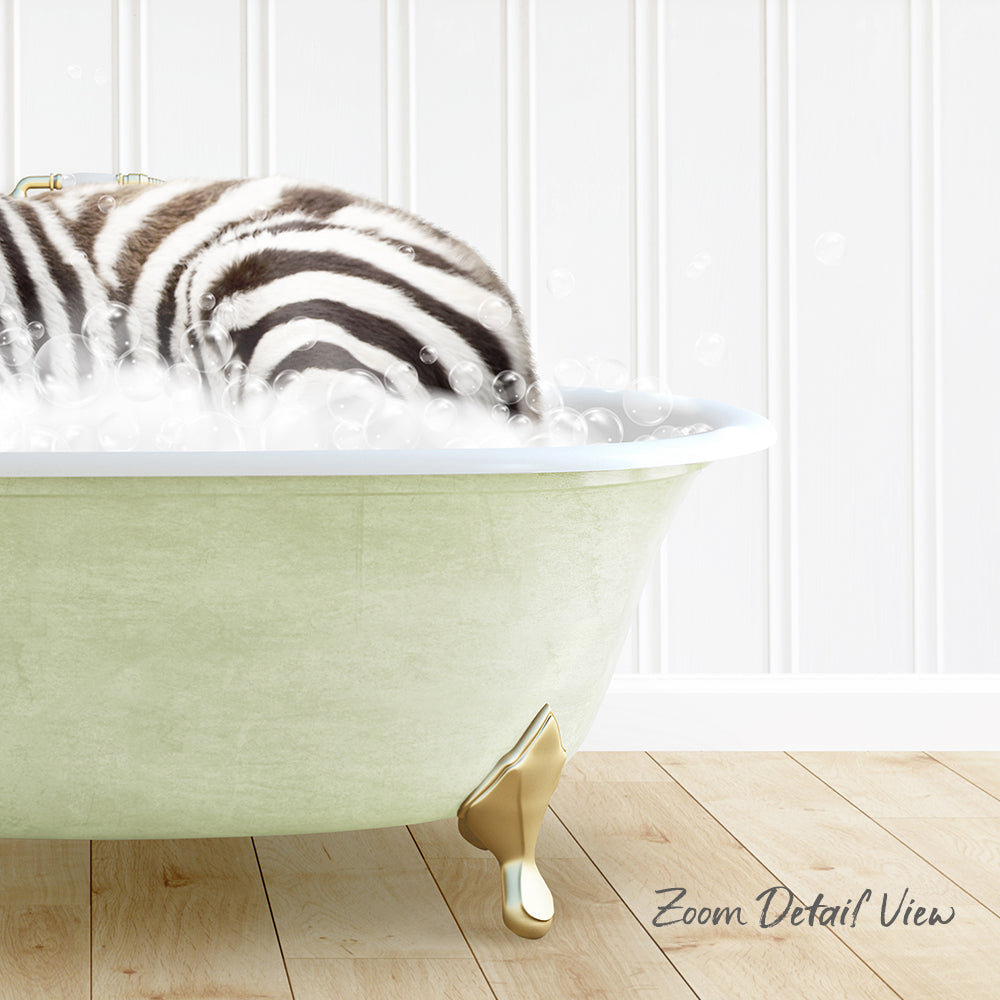 A zebra lying in a green bathtub filled with bubbles, with a wooden floor and white walls in the background.