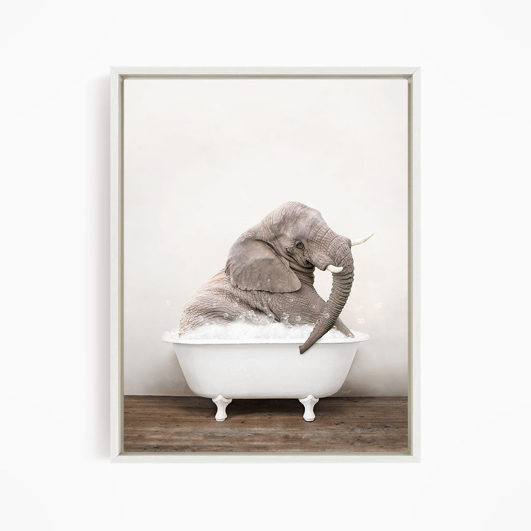 A gray elephant sitting in a white bathtub filled with water, with its trunk raised.