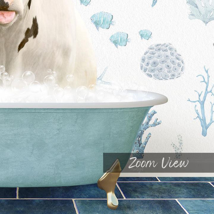 A white dog is sitting in a blue bathtub filled with bubbles, surrounded by a blue and white underwater scene with fish and coral.