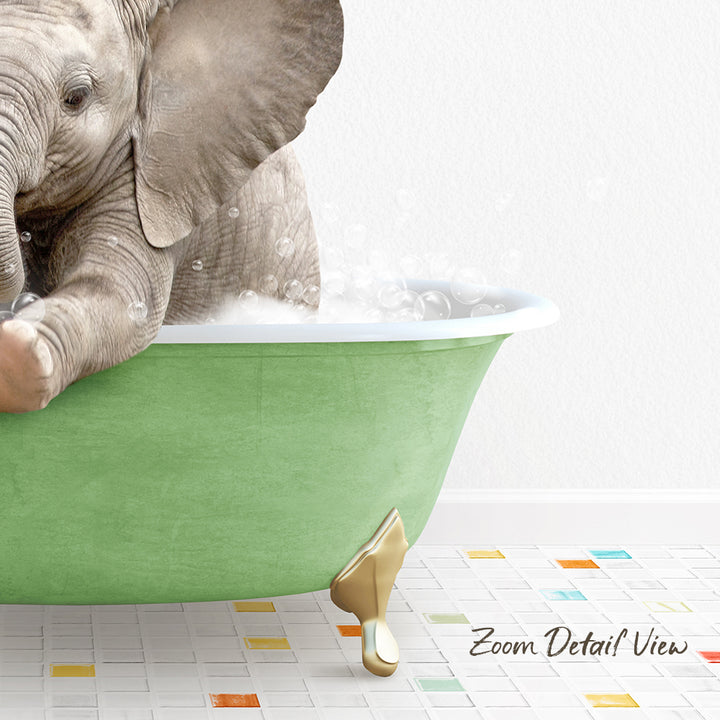 A baby elephant sitting in a green bathtub filled with bubbles, surrounded by colorful tiles on the floor.