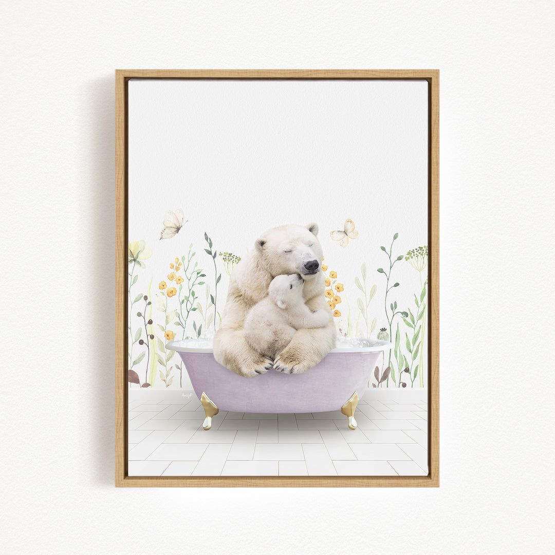 A polar bear is sitting in a bathtub filled with water, surrounded by flowers and butterflies.