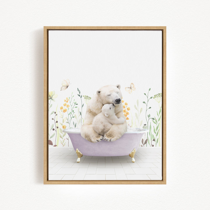 A polar bear is sitting in a bathtub filled with water, surrounded by flowers and butterflies.