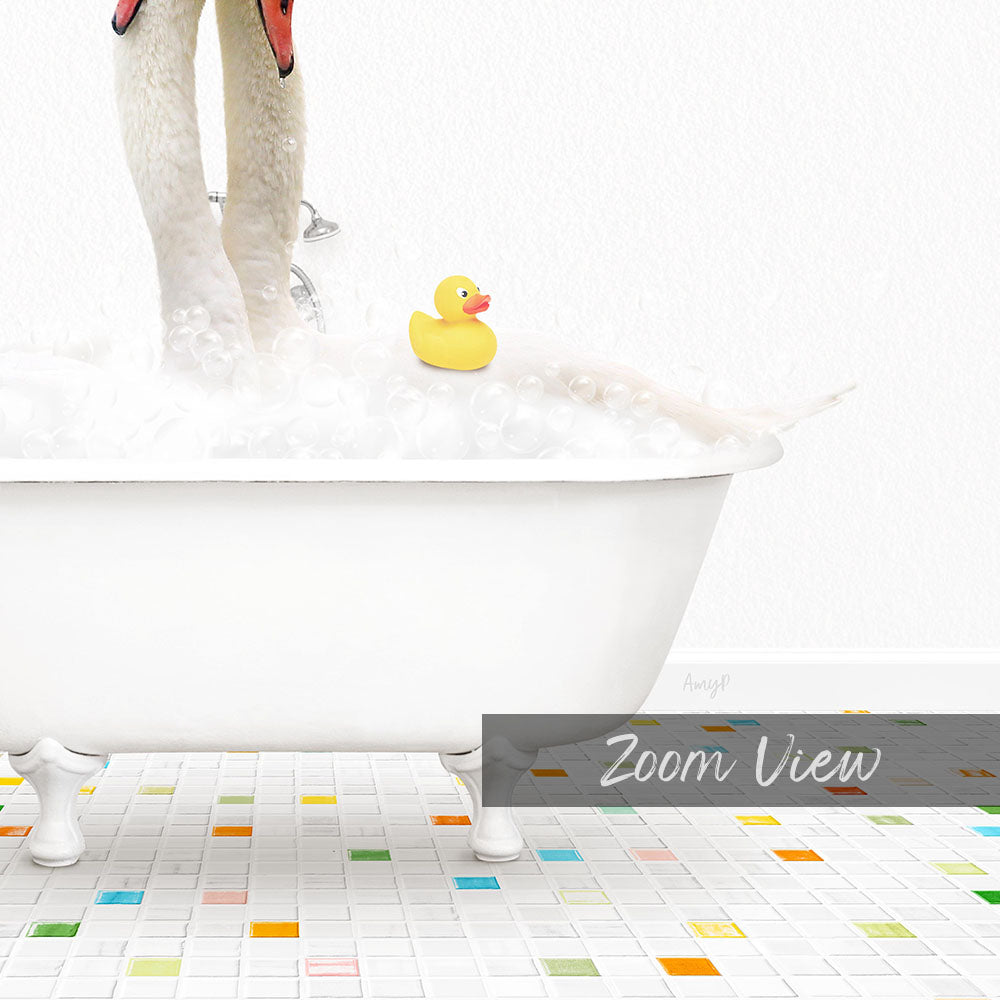 A white bathtub filled with bubbles, with a yellow rubber duck floating on the water.