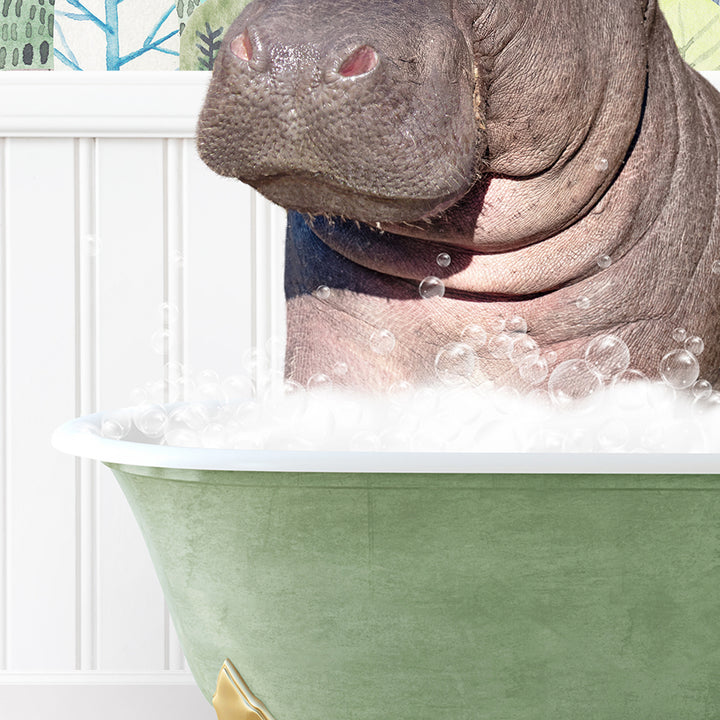 a hippopotamus sitting in a bathtub full of bubbles