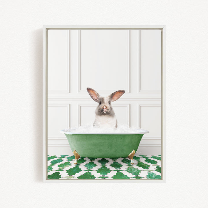 A white rabbit sitting in a green bathtub filled with water, with its head poking out of the tub.